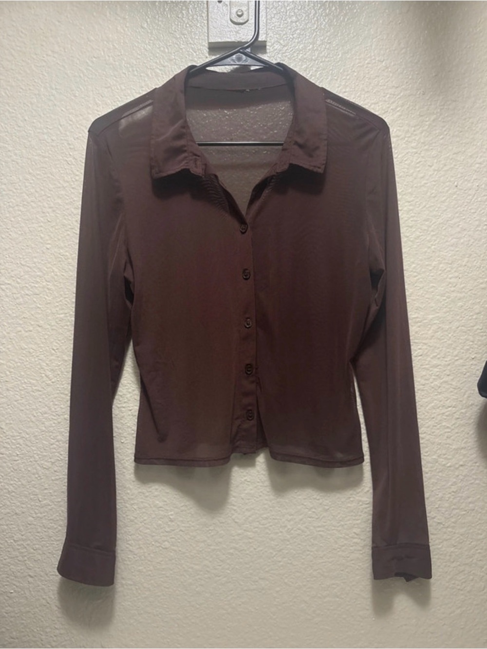 Women's Brown Button-Up Collared Long Sleeve Top